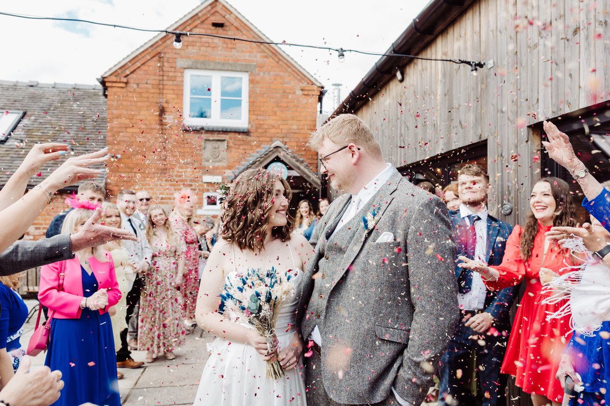 Confetti photo at Hanbury wedding barns, Staffordshire