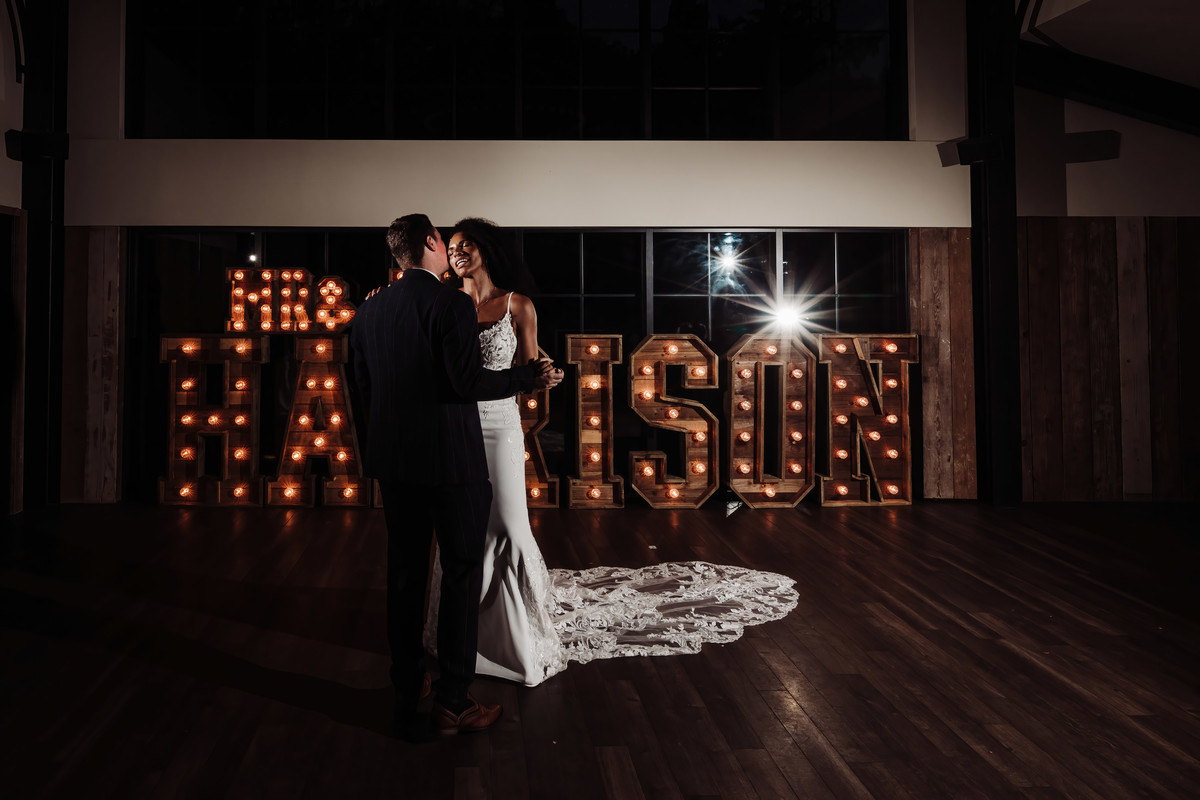 Bride and Groom do their first dance together at Foxtail Barns Wedding Venue, Staffordshire