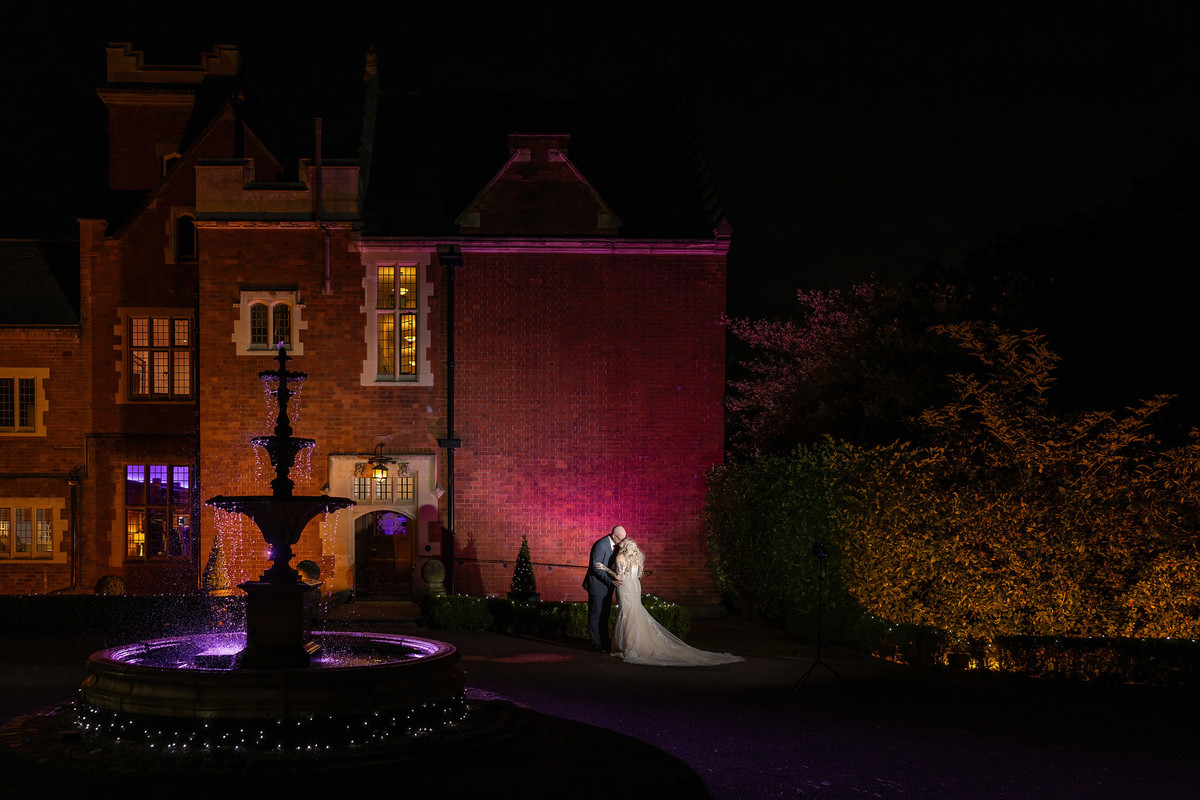Bride and groom kiss under the night sky at Pendrell Hall