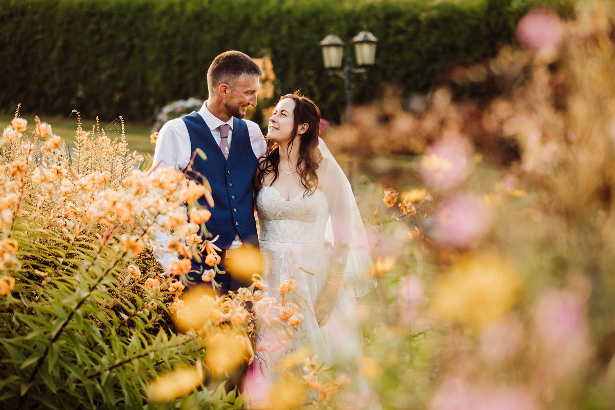 Golden hour wedding portraits with warm evening light in Staffordshire