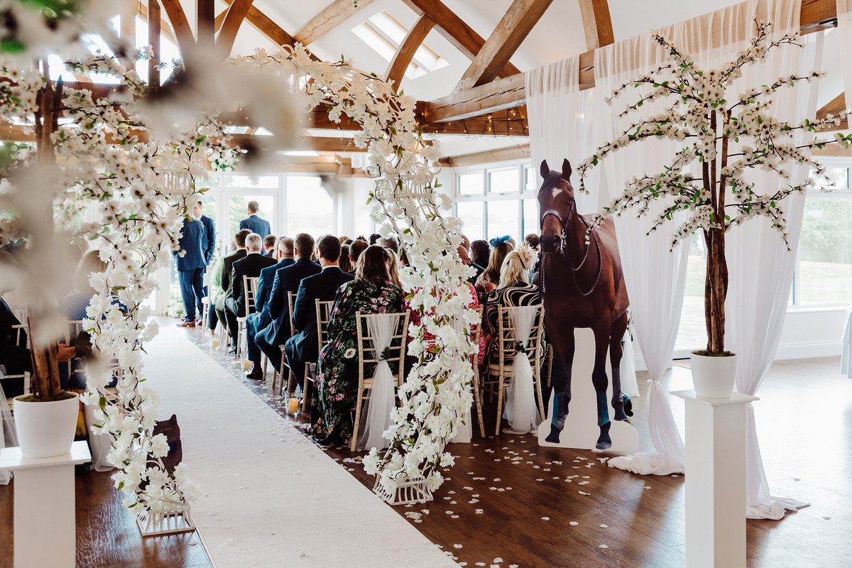 Cardboard cutout of Domino the horse at Jodie and Ian's Blithfield Lakeside Barns wedding