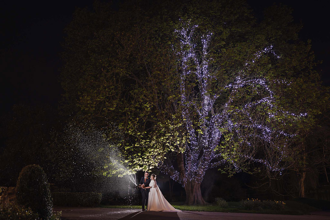 Champagne spray under the fairy light tree at The Moat House
