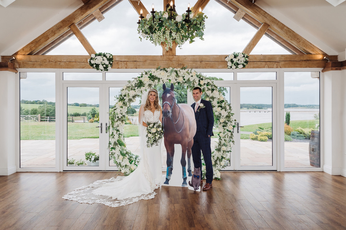 Jodie and Ian with cardboard Domino and Pringle at Blithfield Lakeside Barns